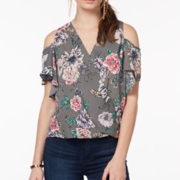 BCX Tops - Cold Shoulder Wrap Floral Stripe Shirt  - Medium